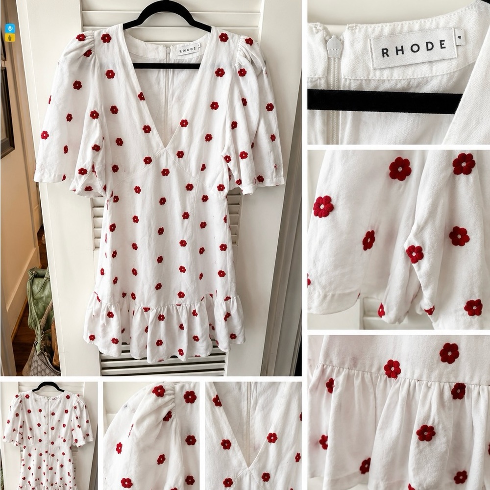 RHODE White Embroidered Floral Mini Dress Size 4 Red Flower Puff Sleeve Dress